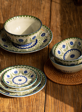 日本进口美浓烧绿色花园碗盘碟餐具日式复古饭碗餐盘平盘骨碟汤碗