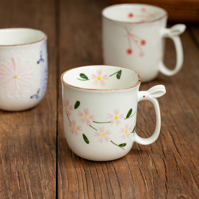 日本濑户烧手绘樱花陶瓷马克杯可爱兔子水杯礼物早餐牛奶杯咖啡杯