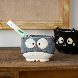 日本进口可爱动物猫咪陶瓷筷子筒厨房台面沥水筷篓饭勺刀叉收纳筒
