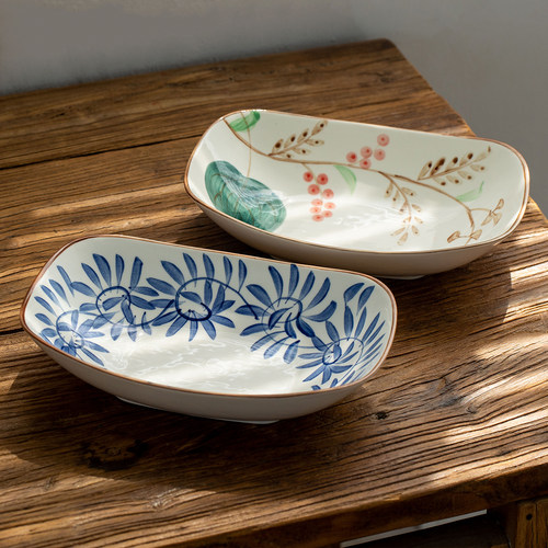 日本美浓烧手绘炖菜深盘蒸鱼盘子