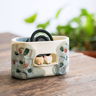日本制濑户烧可爱猫咪蚊香炉驱蚊器陶制熏香炉盘香炉日式家居摆件