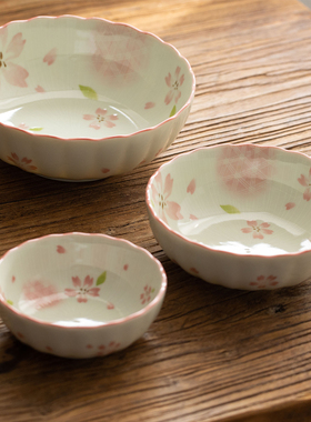日本进口美浓烧陶瓷樱花碗餐具日式米饭碗蘸料碟早餐碗家用汤碗