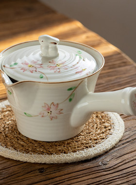 日本美浓烧粉樱花兔子茶壶侧把壶