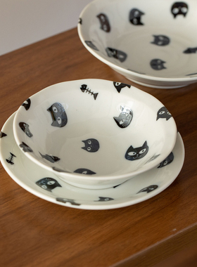 日本进口美浓烧可爱猫咪碗盘餐具日式米饭碗早餐碗点心碟菜盘骨碟