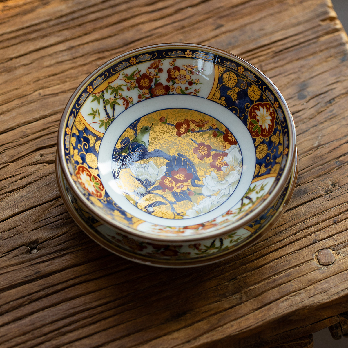 日本有田烧锦彩花鸟汤碗平盘骨碟