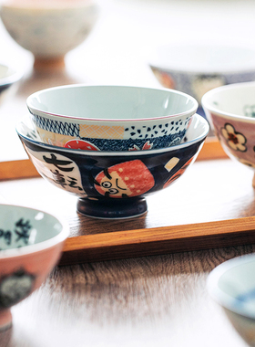 日本进口美浓烧家用米饭碗招福动物小碗招财猫达摩陶瓷碗日式餐具