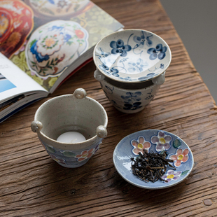 日本进口濑户烧手绘樱花唐草陶制茶香炉精油香薰炉日式 烤茶熏香器
