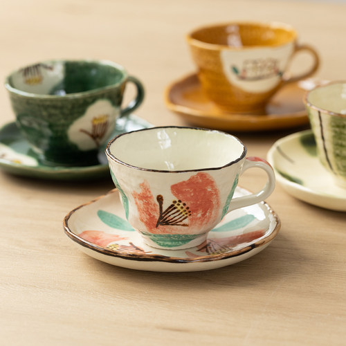 日本进口濑户烧手绘山茶花水杯日式红茶杯复古织布绿釉咖啡杯配碟