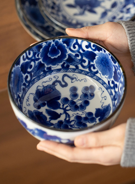 日本进口美浓烧复古蓝染葡萄碗盘餐具日式饭碗深菜盘家用骨碟汤碗