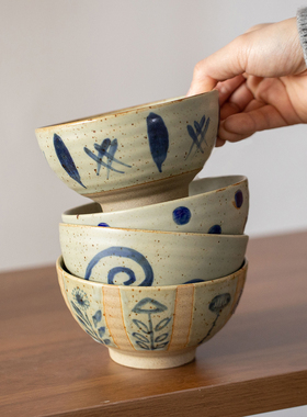 日式手绘粗陶碗餐具礼盒套装家用复古米饭碗耐高温釉下彩面碗汤碗