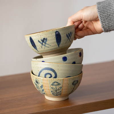 日式手绘粗陶碗餐具礼盒套装家用复古米饭碗耐高温釉下彩面碗汤碗