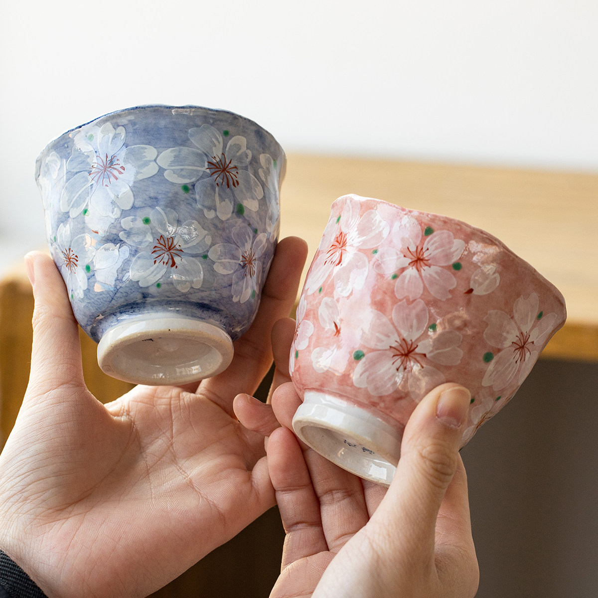 日本进口美浓烧手绘粉樱花水杯汤吞杯日式茶杯对杯礼盒主人杯子