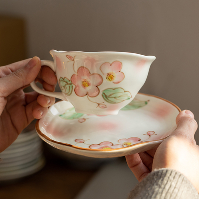 日本美浓烧樱花咖啡杯配碟子茶杯