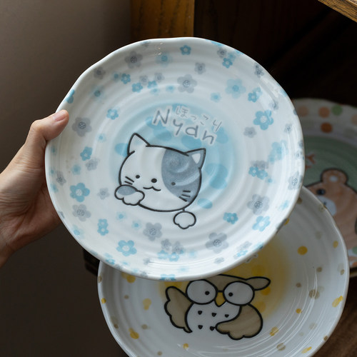 日本进口美浓烧可爱兔子猫咪陶瓷餐盘釉下彩家用菜盘意面盘早餐盘