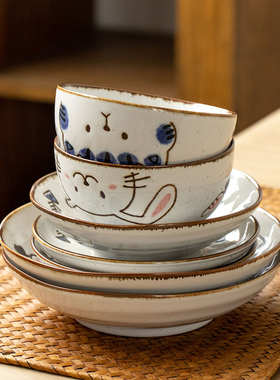 日本进口美浓烧可爱兔子猫咪碗盘餐具日式米饭碗甜品碟深菜盘汤碗