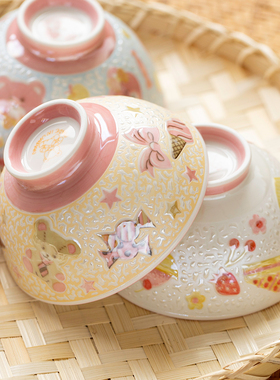 日本进口美浓烧可爱亮晶晶小熊樱桃猫咪陶瓷小碗日式米饭碗汤碗