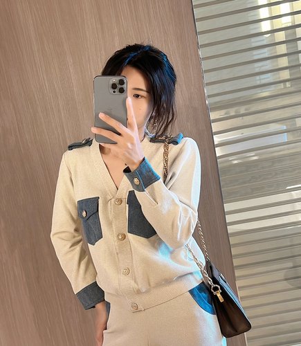 春秋季亮线粗针织镂空拼接牛仔上衣+阔腿长裤子休闲两件套装女潮