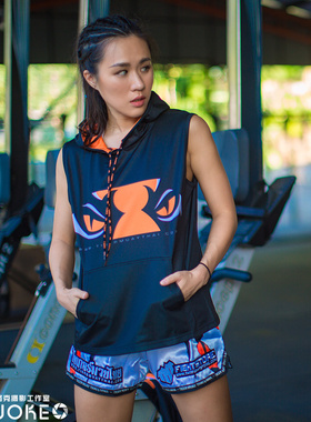 tiger muaythai 老虎泰拳黑色搏击训练速干男女运动连帽背心