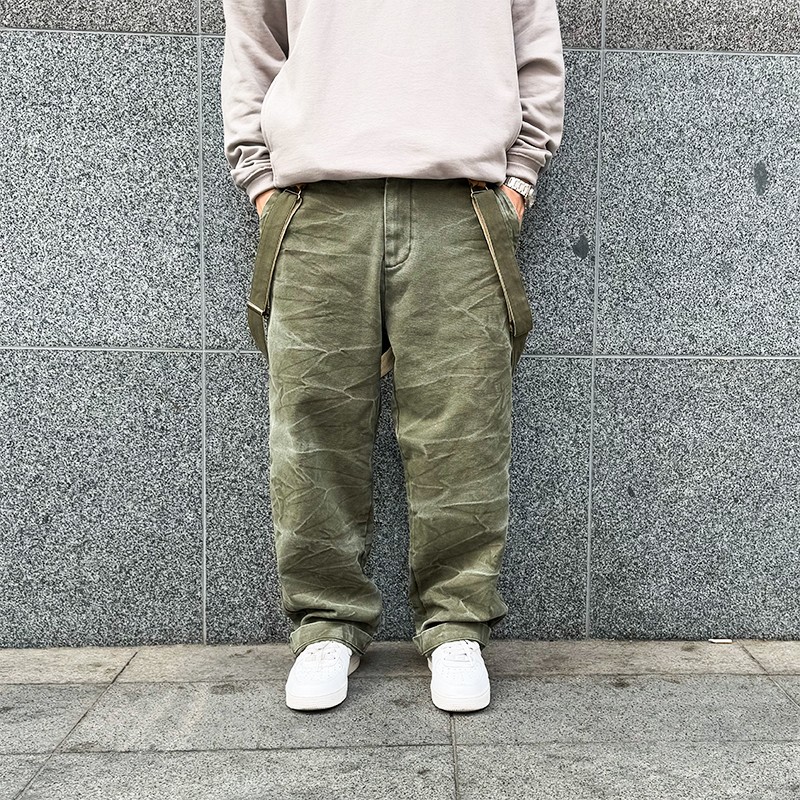 WEARING ECRU复古重磅水洗做旧帆布工装裤背带裤宽松阿美咔叽潮男