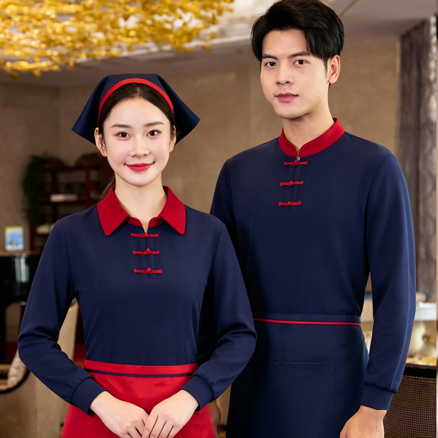特色湘菜馆农家乐火锅饭店服务员长袖茶楼中式餐厅工作服秋冬T恤