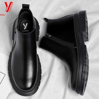 意尔康切尔西靴男秋季新款烟筒靴中高帮真皮马丁靴英伦厚底男靴子