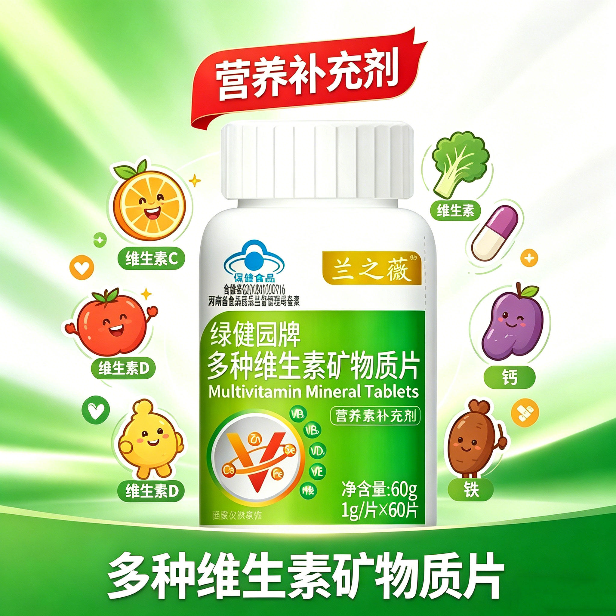 绿健园多种维生素矿物质片儿童补充钙铁锌硒维生素ABDE成人孕妇