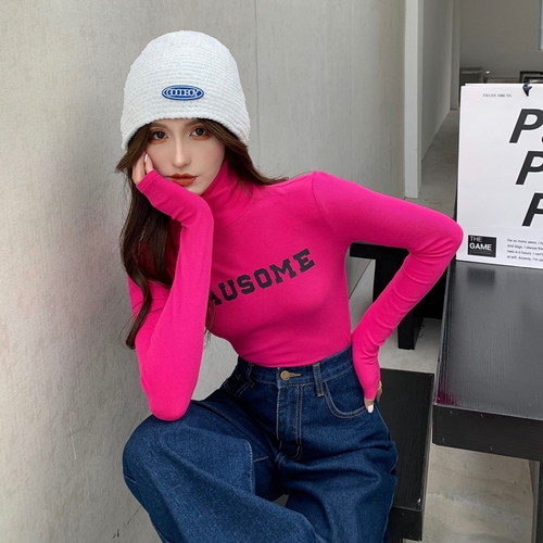 Real shot of winter Hong Kong style letter printing half-high collar color slim slim short warm fleece inner bottoming shirt