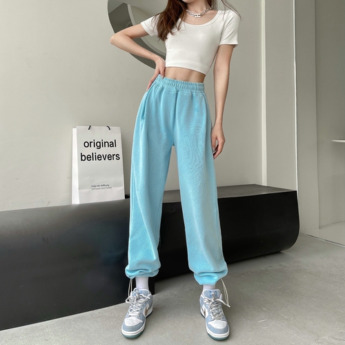 Real shot Hong Kong Wind fried Street American style loose sweatpants women's casual Leggings grey high waist straight pants