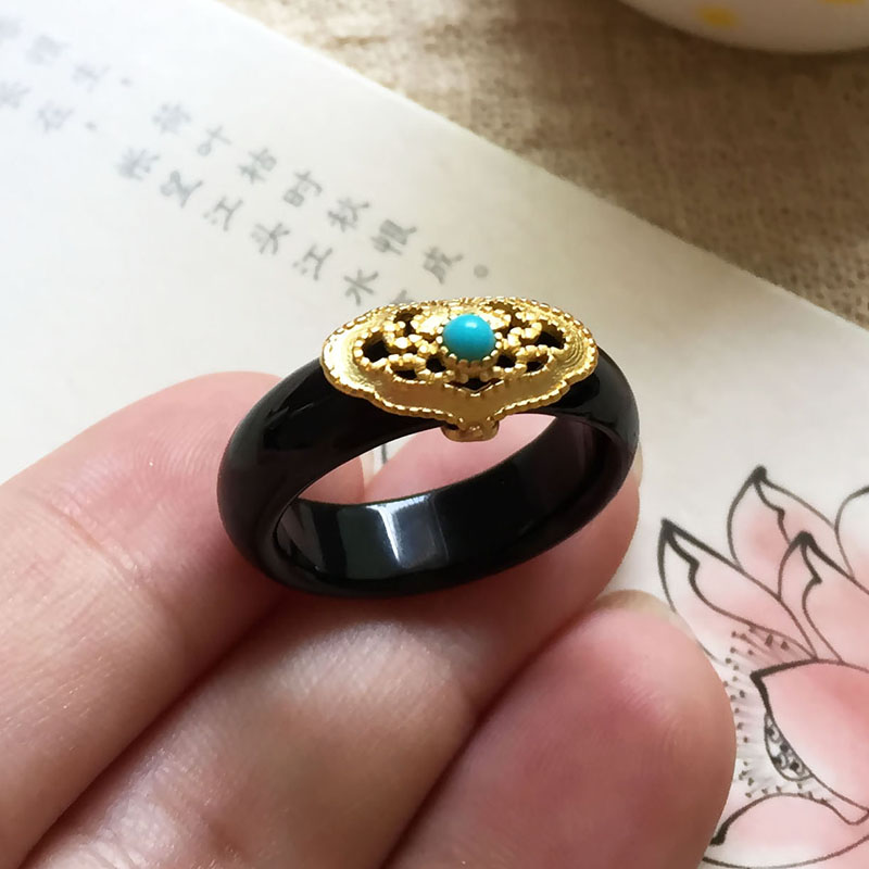 天然黑玛瑙古风中国风戒指 小众设计个性冷淡风玉石指环汉服配饰