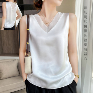 春季 冰丝吊带背心 甜美V领网纱拼接宽肩小背心吊带衫 女上衣打底衫