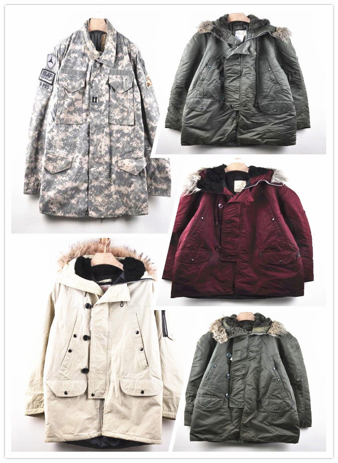 vintage古着欧美系帆布户外军装迷彩中长款棉服保暖工装外套MA3