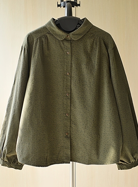 复古绿色碎花灯芯绒长袖衬衫女秋冬新款日系百搭娃娃领打底衬衣