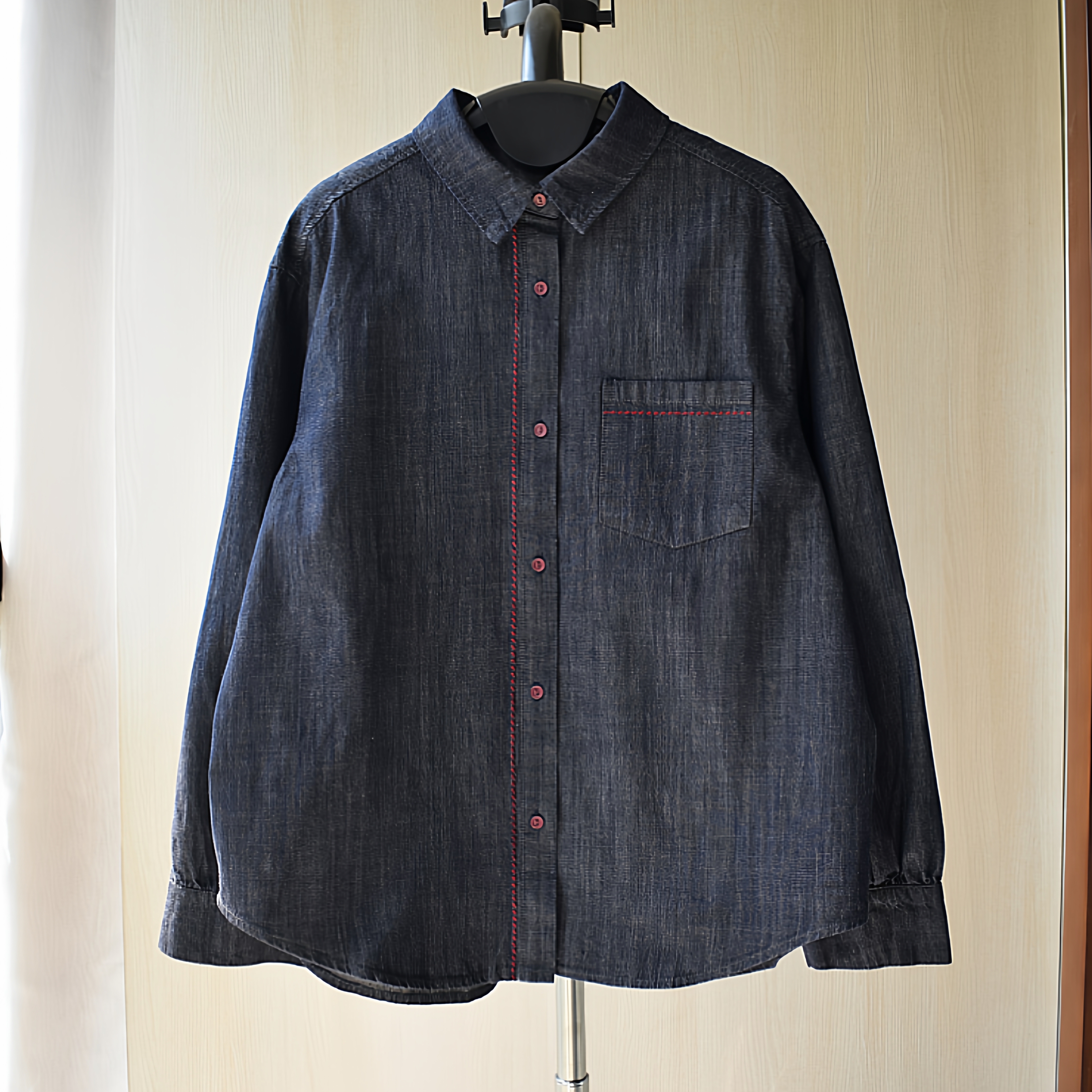 高品质门襟口袋红边刺绣复古藏蓝色牛仔衬衫女春秋百搭衬衣外套新