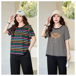 T恤 200斤胖mm宽松显瘦遮肉休闲条纹圆领短袖 驰爽2026大码 女夏新款