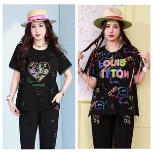 休闲圆领短袖 大码 200斤胖mm宽松遮肚显瘦时尚 2026夏季 T恤上衣 女装