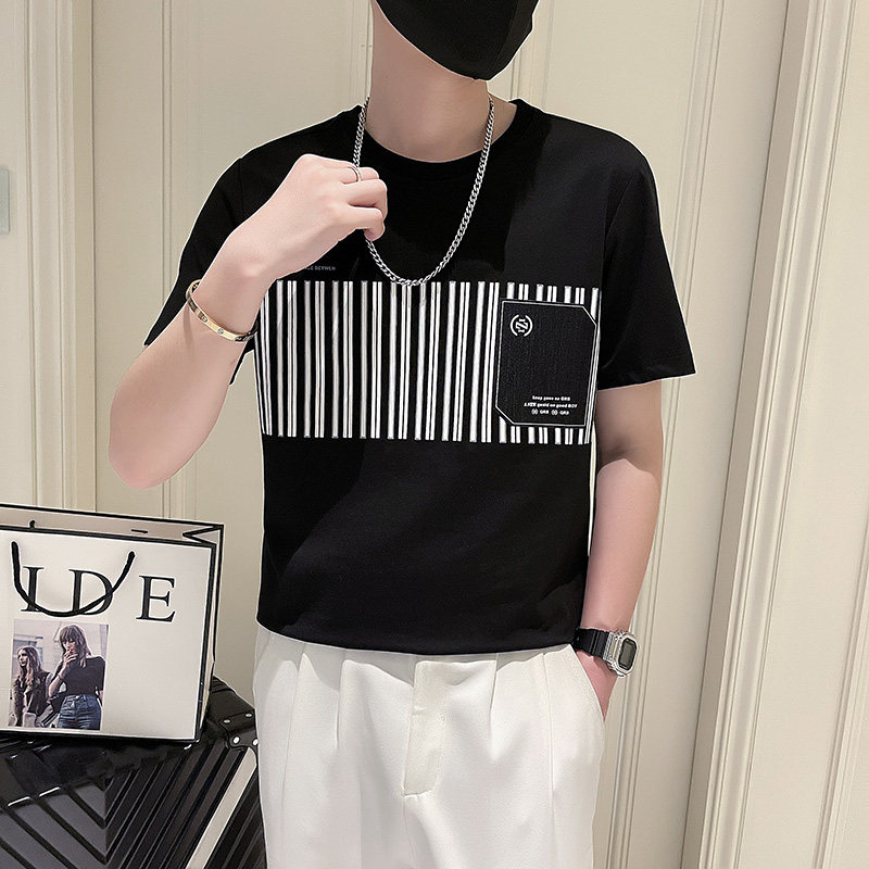 T705-P48夏季新款潮男竖条纹印花短袖T恤痞帅潮流上衣-5控68,男装T恤,电商A400-1（原B352）