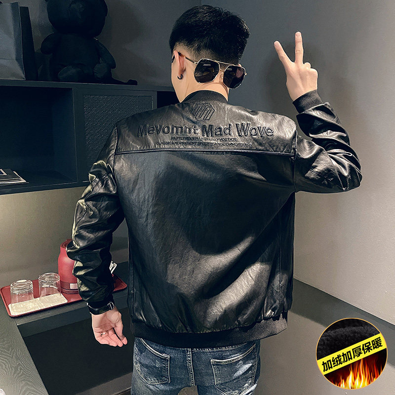 23秋季新款男修身夹克刺绣加绒加厚皮衣外套-3PY67-P138控178,男装皮衣,电商A400-1（原B352）