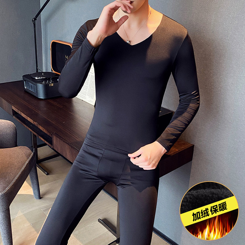 高档袋装店主风男士V领紧身无痕加绒保暖内衣套装红Y08P55控78,居家内衣保暖内衣,电商A400-1（原B352）