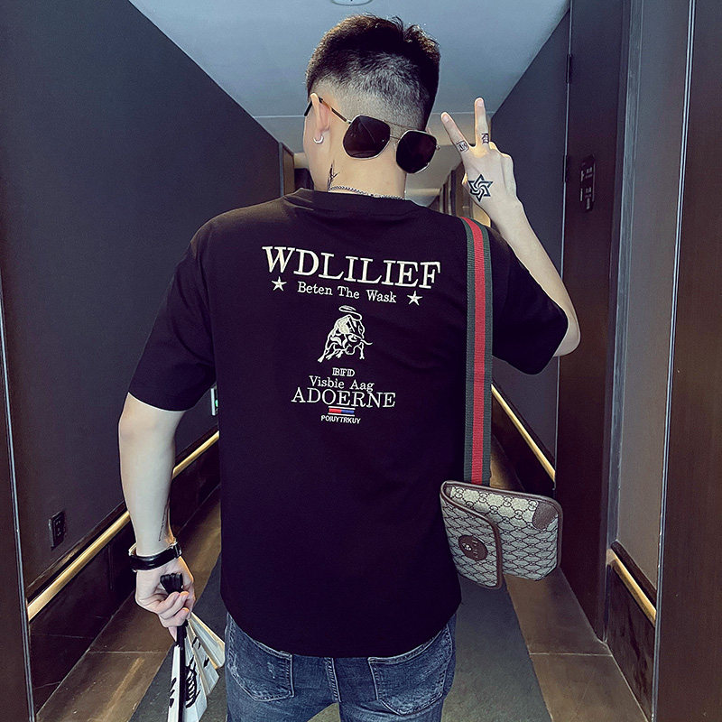 24夏季新款男社会精神小伙个性刺绣网红短袖T恤5 T501-P38控58图片