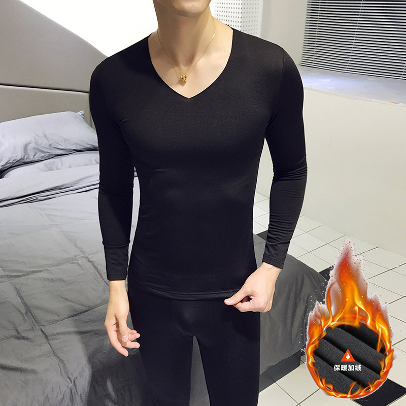 精品袋装英伦风男士V领紧身无痕加绒保暖内衣套装-灰Y08P55控78,居家内衣保暖内衣,电商A400-1（原B352）