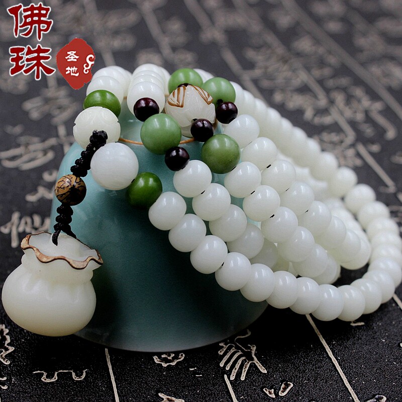 原创天然白玉菩提根搭莲花 钱袋 福袋手链 女款菩提手串 毛衣链