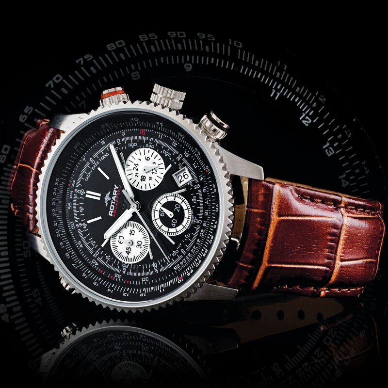 瑞士 rotary劳特莱手表男棕皮带商务大表盘三眼腕表gs00100