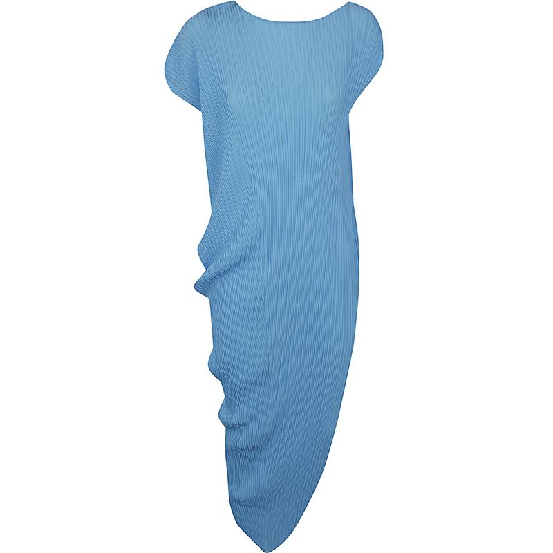 Issey Miyake/三宅一生女士不对称袖尖下摆船领涤纶 pleats 连衣