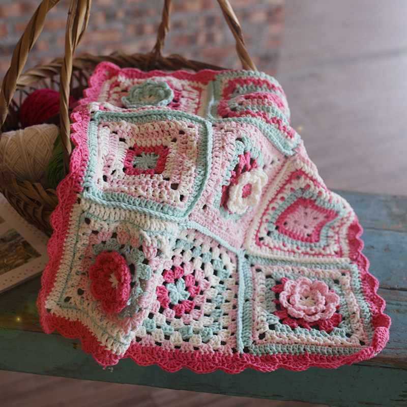 纯棉牛奶棉manual复手工钩花方格古董毯公主风小仙女沙发毯坐垫