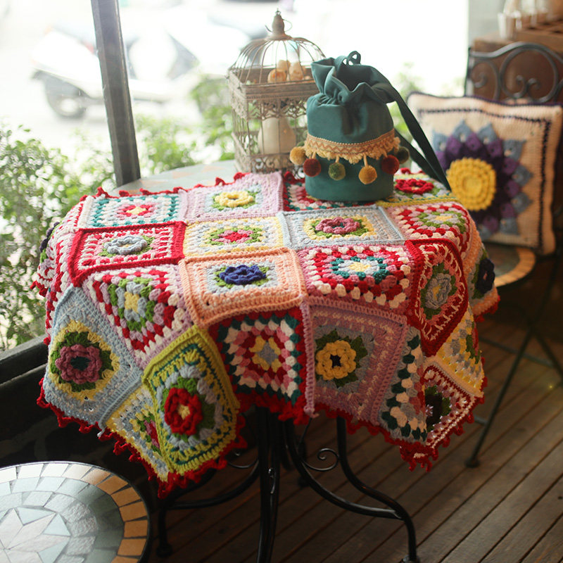 潮汕钩花 乔姑娘 manual复古森林系纯手工奶奶的钩花方格古董毯