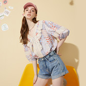 衬衫 a02甜美蕾丝碎花设计半袖 女式 新宽松休闲个性 上衣夏季