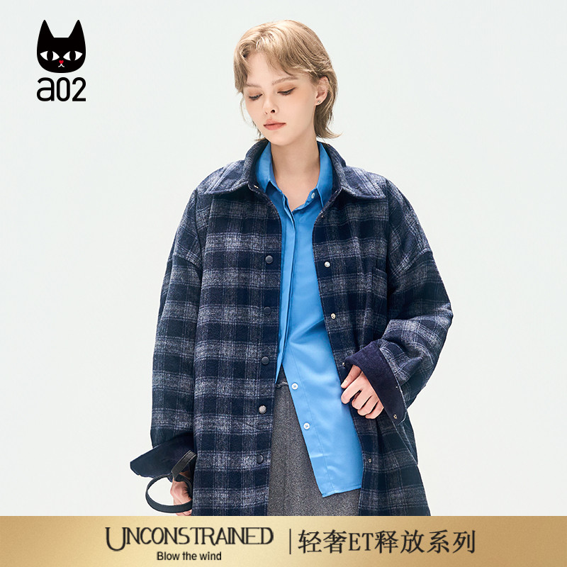 a02【ET释放系列】宽松绵羊毛格子衬衫女2025新款冬季衬衣外套