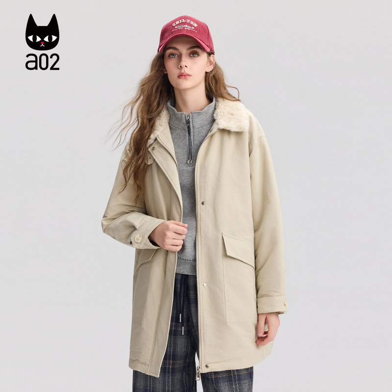 a02宽松仿羊羔毛翻领风衣女2025新款冬季保暖加厚防风外套冬装,女装/女士精品,棉衣/棉服,淘宝优惠券,粉丝福利购,淘宝优惠卷