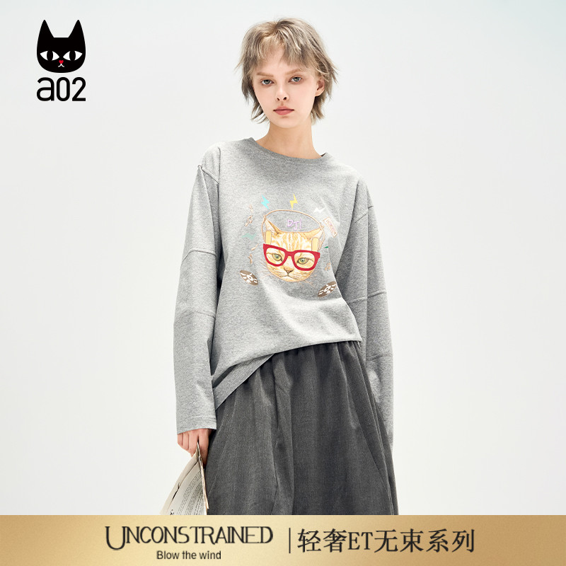 a02【ET自然系列】猫猫印花宽松长袖女T恤2025新款秋季显瘦上衣