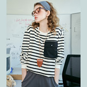 a02立体口袋设计撞色条纹长袖 T恤2025春秋休闲圆领百搭女式 卫衣